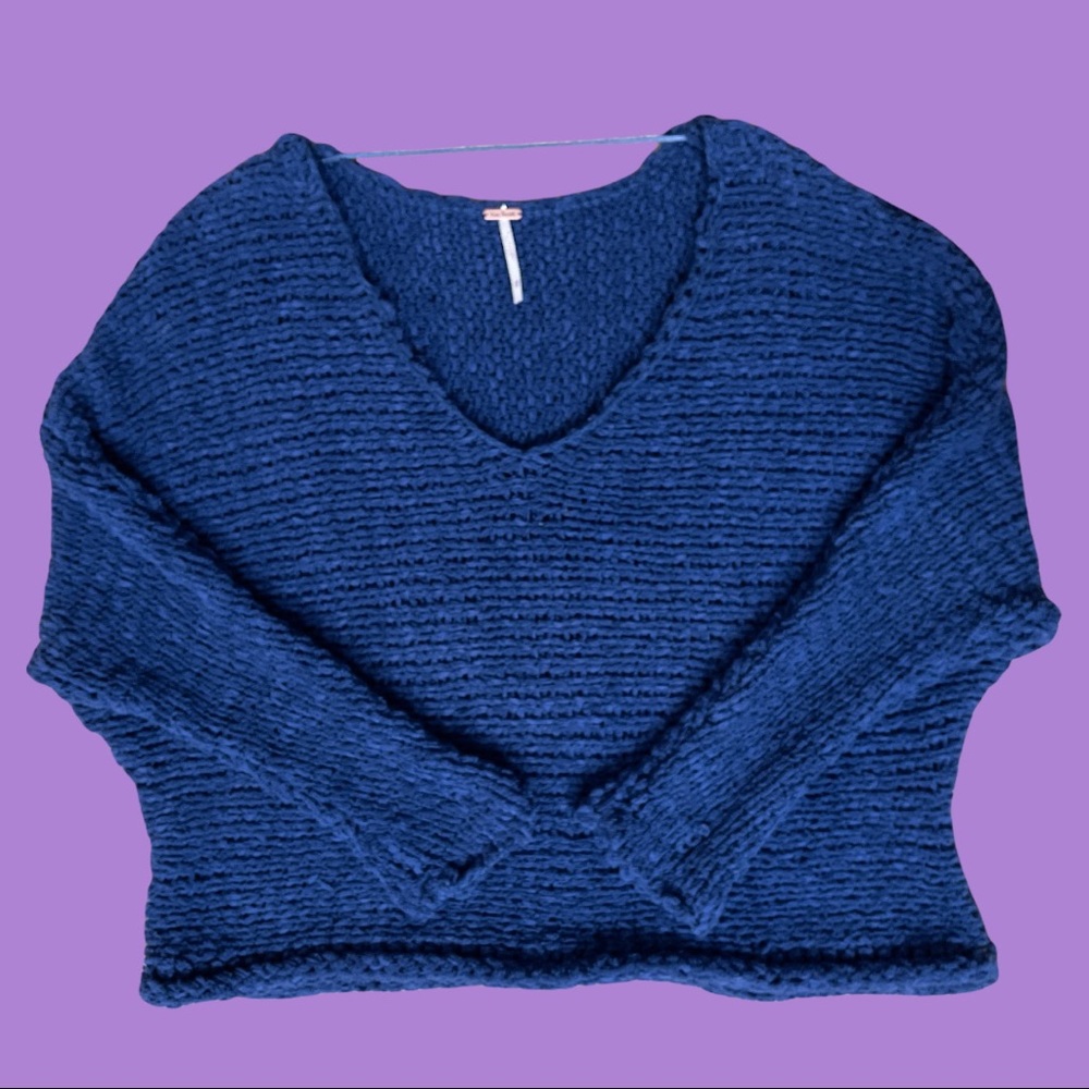 Free People Dolphin Bay Blue Cozy V-Neck Sweater XS - Picture 2 of 8